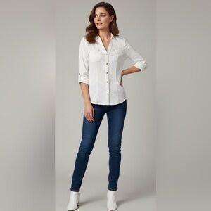 NWOT!!Cache Elegant Sheer White Button Down Convertible Sleeve Shirt Size XS